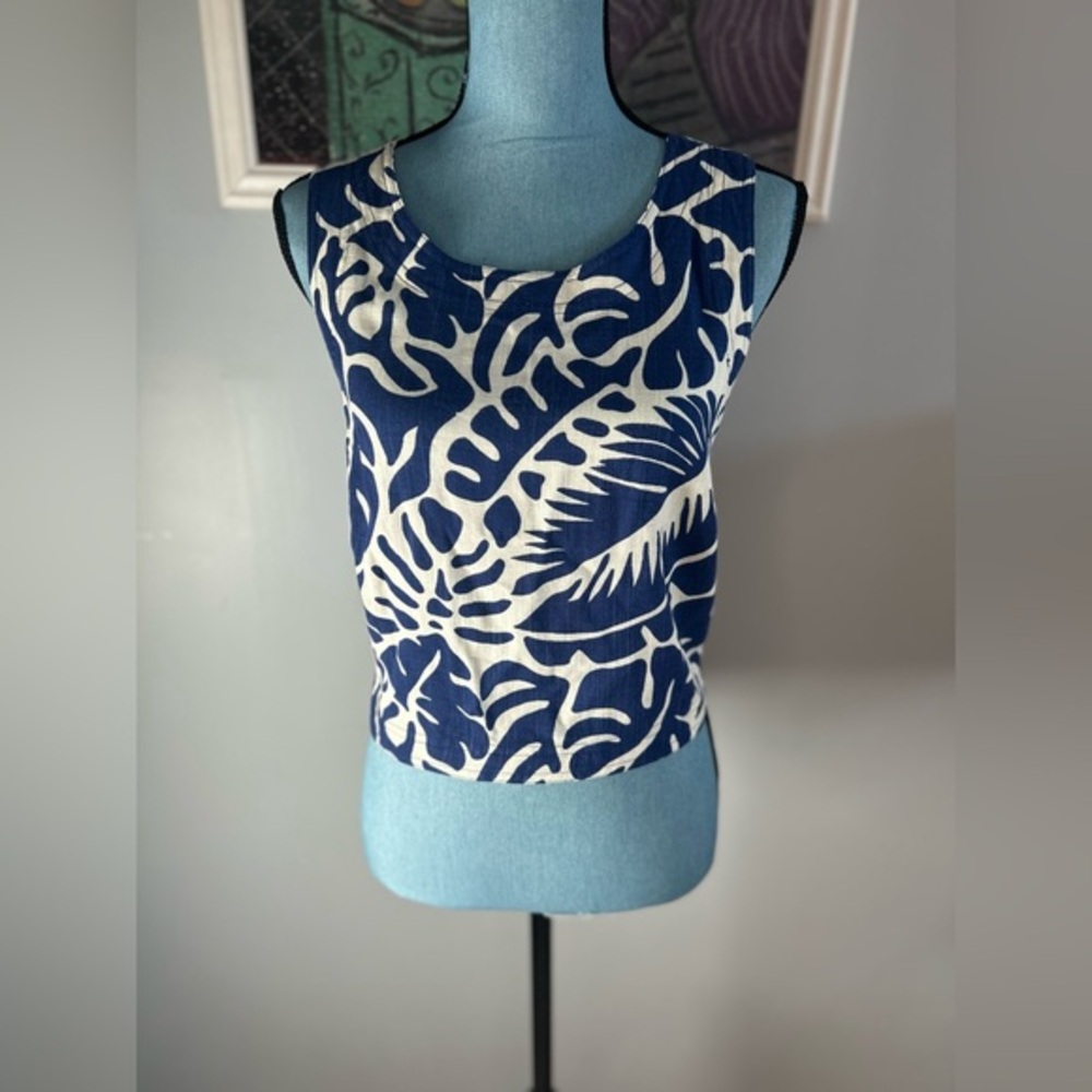 Rose + Olive Resort Top Blue & White Tropical Print Size Small New With Tags